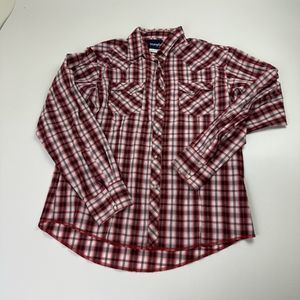 Wrangler Shirt Mens Large Red Plaid Long Sleeve Pearl Snap Button Up Western